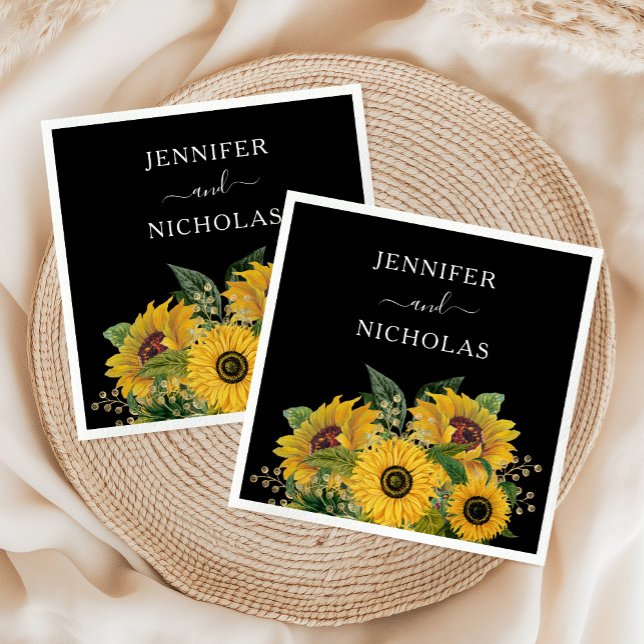 Elegant blomster svart bröllop pappersservett (Elegant Floral Black Wedding Napkins)