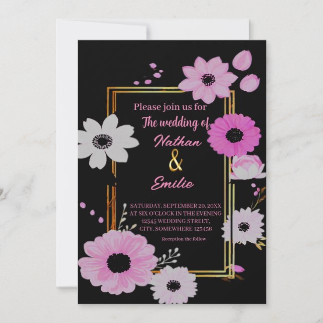 Elegant blomster svart och rosa bröllopsinbjudan inbjudningar (Framsida)