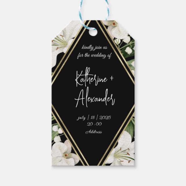 Elegant blomster svart och vit akvarell  presentetikett (Framsidan)