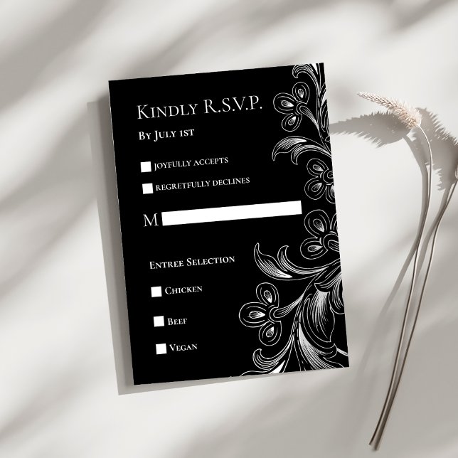Elegant blomster svart och vit RSVP-kort OSA Kort (Black and White Floral Elegant Wedding RSVP Response Card)