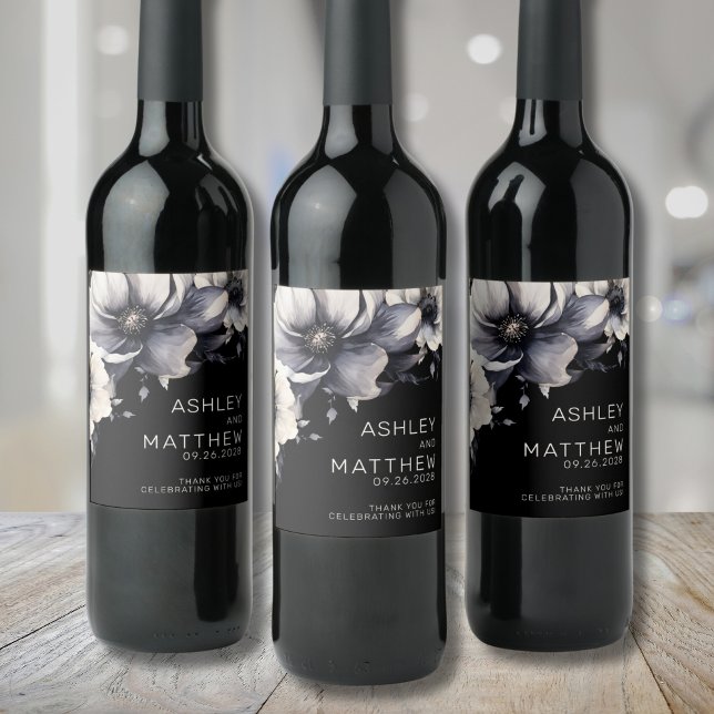 Elegant blomster svart vit bröllop vinflaska etikett (Elegant Floral Black White Wedding Wine Label)