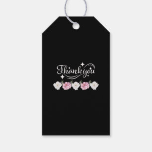 Elegant blomster-"Tack" Svart och rosa Presentetikett
