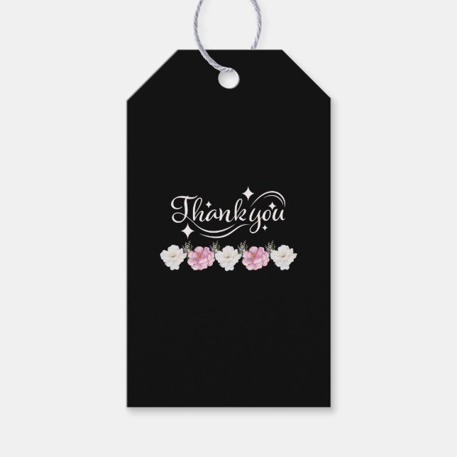 Elegant blomster-"Tack" Svart och rosa Presentetikett (Framsidan)