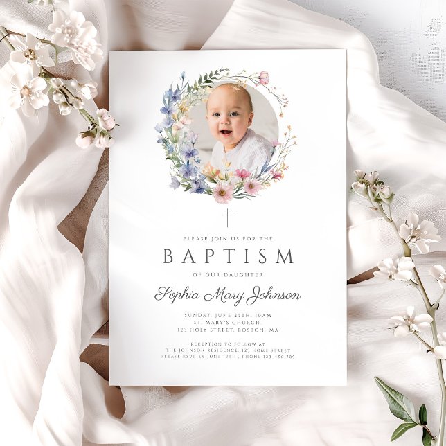 Elegant blomster vilda blommor Foto Dop Inbjudningar (Elegant Floral Wildflowers Photo Baptism Invitation)