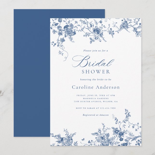 Elegant blomster vintage marinblå bröllopsfest inbjudningar (Fram/baksida)