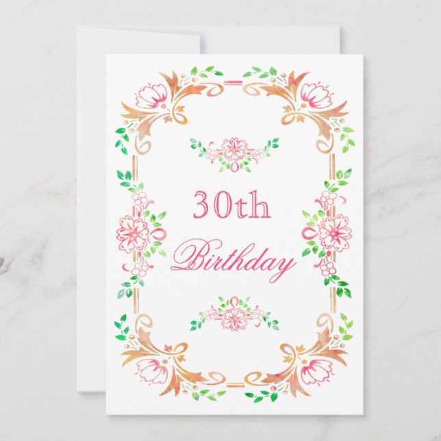 Elegant blomsterakvarell 30-års födelsedags dubbel inbjudningar (Framsida)