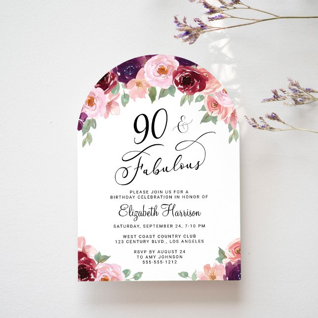 Elegant blomsterakvarell 90-årsfest båge inbjudningar (Skapare uppladdad)