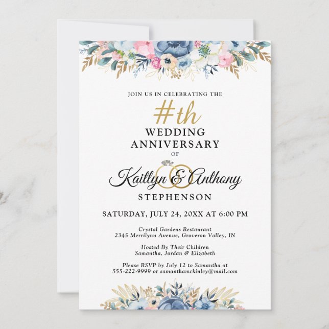 Elegant blomsteranniversarie i akvarell inbjudningar (Framsida)