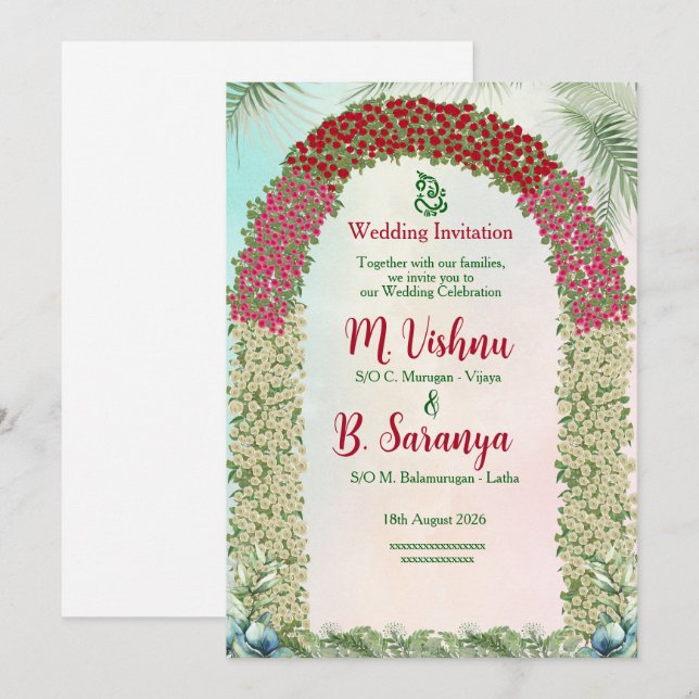 Elegant blomsterark & indisk bröllopsinbjudan inbjudningar (Fram/baksida)
