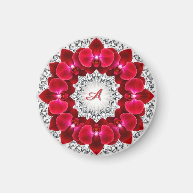 Elegant blomsterarrangemang med röda orkidéer magnet (Framsidan)