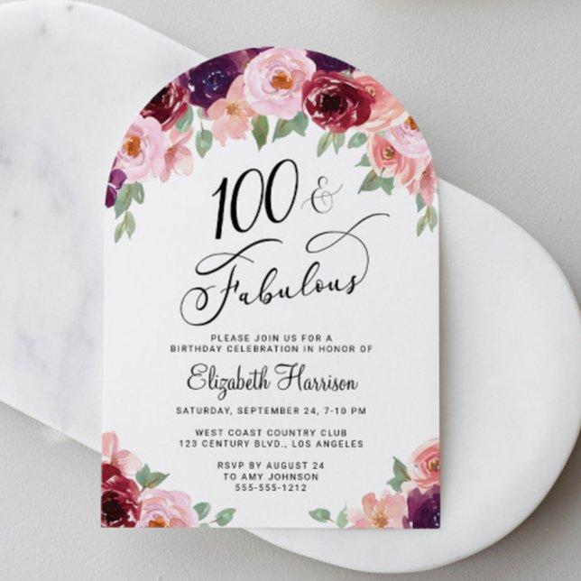 Elegant blomsterbåge 100-årsfest inbjudningar (Elegant Floral Arch 100th Birthday Party Invitation)