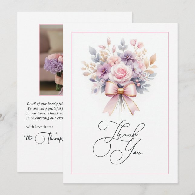 Elegant blomsterbåge 1-års födelsedagsflicka foto tack kort (Fram/baksida)