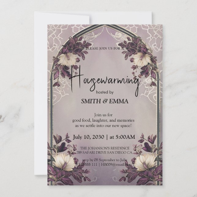 Elegant blomsterbåge husvärmningsinbjudan med S Inbjudningar (Framsida)