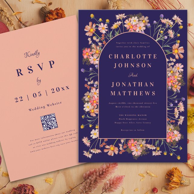 Elegant blomsterbåge marin terrakotta höstbröllop inbjudningar (Wildflower arch elegant script navy blue peach burnt Orange terracotta fall wedding invitation )