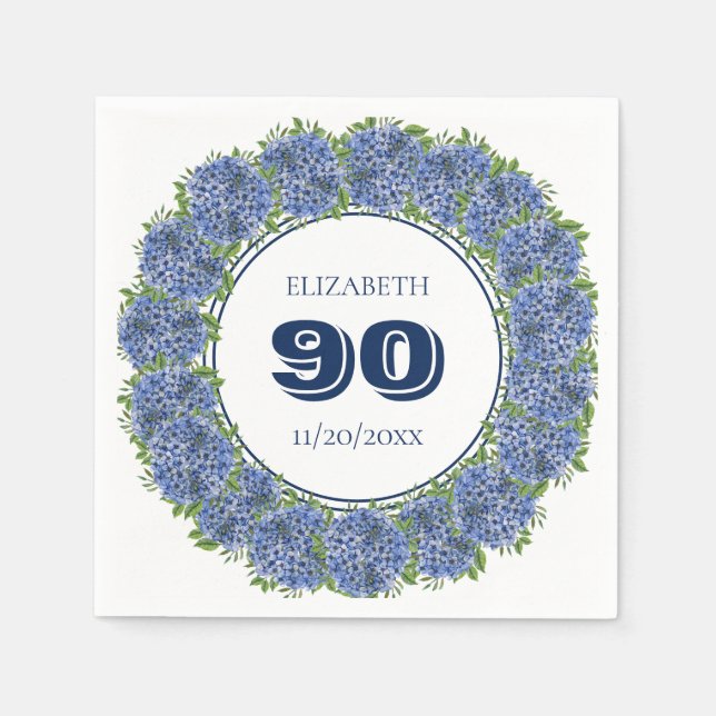 Elegant blomsterblå hortensia 90-års födelsedagsfe pappersservett (Framsidan)