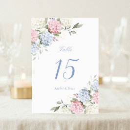 Elegant blomsterbröllop med rosa och dammig blå ho bordsnummer