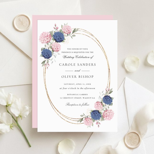 Elegant blomsterbröllop med rosa och marinblå hort inbjudningar (Skapare uppladdad)