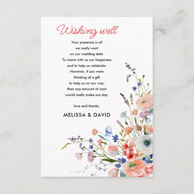 Elegant blomsterbröllop önskar brunn tilläggskort (Framsida)