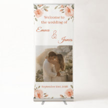 Elegant blomsterbröllop välkomstbanner med foto
