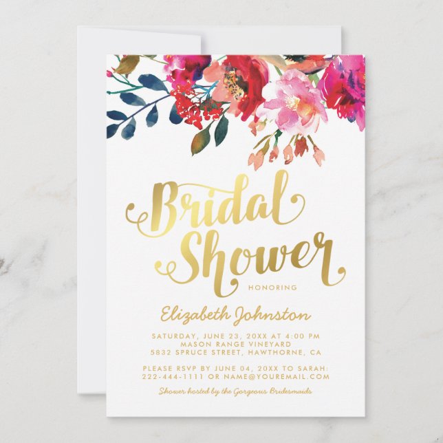 Elegant blomsterbröllop vit guld bröllopsdusch inbjudningar (Framsida)