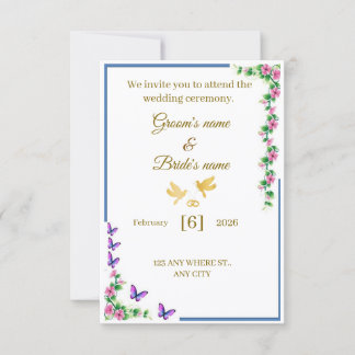 Elegant blomsterbröllopsinbjudan med fjärilar tack kort