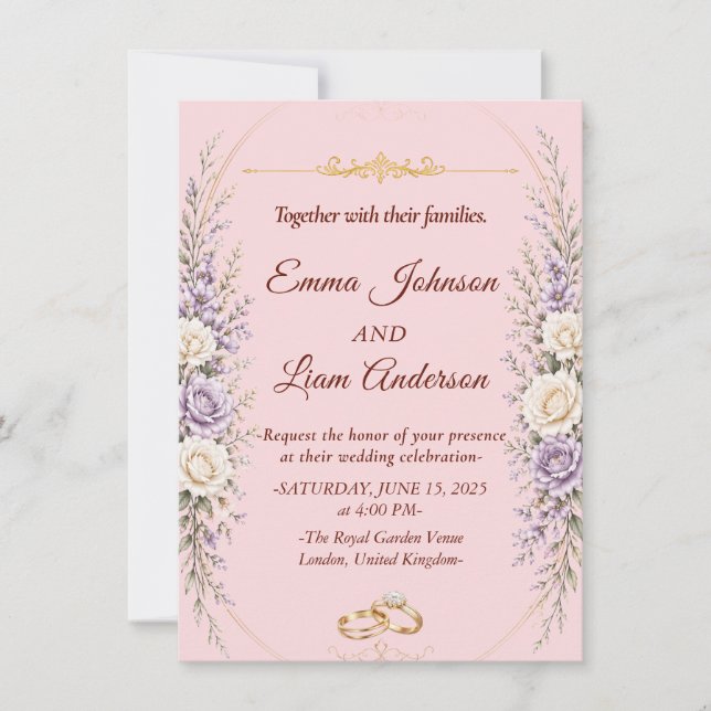 Elegant blomsterbröllopsinbjudan med guldbildram inbjudningar (Framsida)