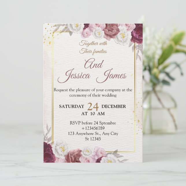 Elegant blomsterbröllopsinbjudan Modernt kort (Stående Fram)
