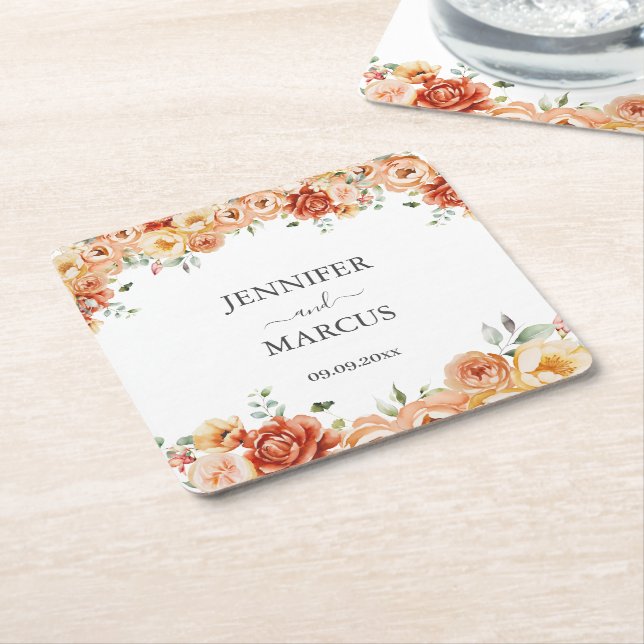 Elegant blomsterbröllopspapper coaster underlägg papper kvadrat (Vinklad)