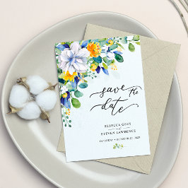 Elegant blomsterbukett gul vit blå bröllop spara datumet