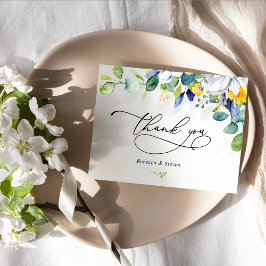Elegant blomsterbukett gul vit blå bröllop tack kort