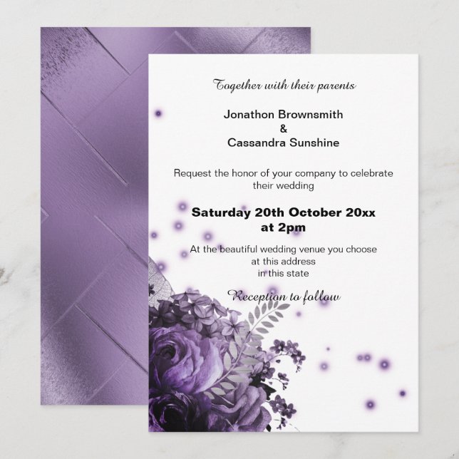 ELEGANT BLOMSTERBUKETT METALLISK SYRING WEDDING INBJUDNINGAR (Fram/baksida)