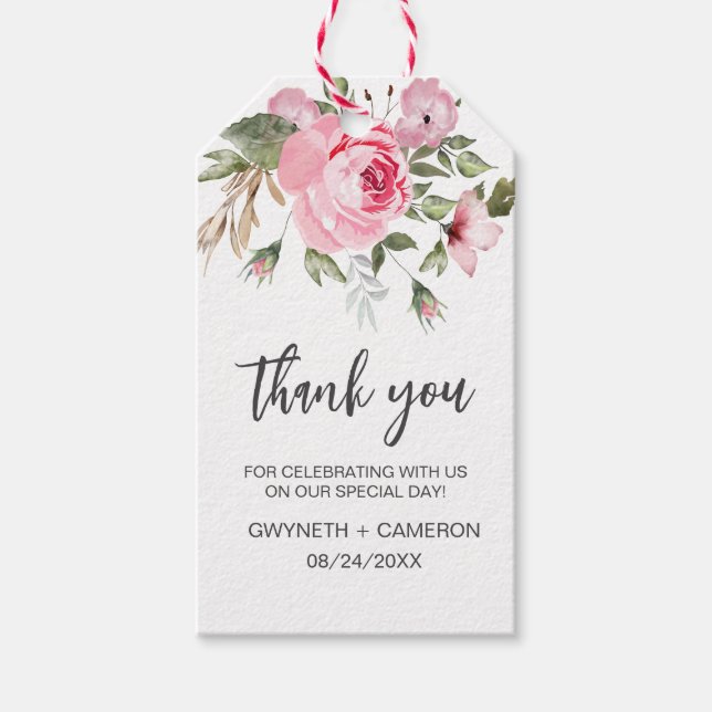 Elegant blomsterbukett vit och rosafärgad tackfavo presentetikett (Framsidan)