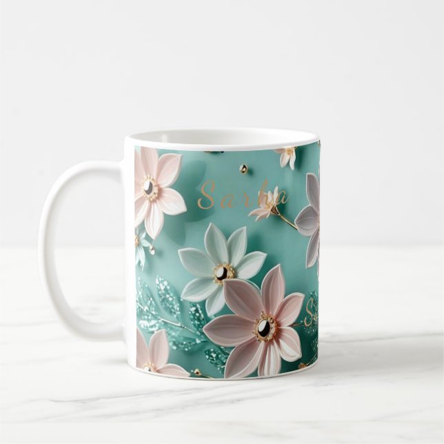 Elegant blomsterdekorerad trälåda och matchande mu kaffemugg (Vänster)