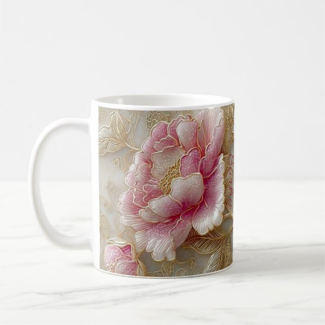 Elegant blomsterdekorerad trälåda och matchande mu kaffemugg (Vänster)