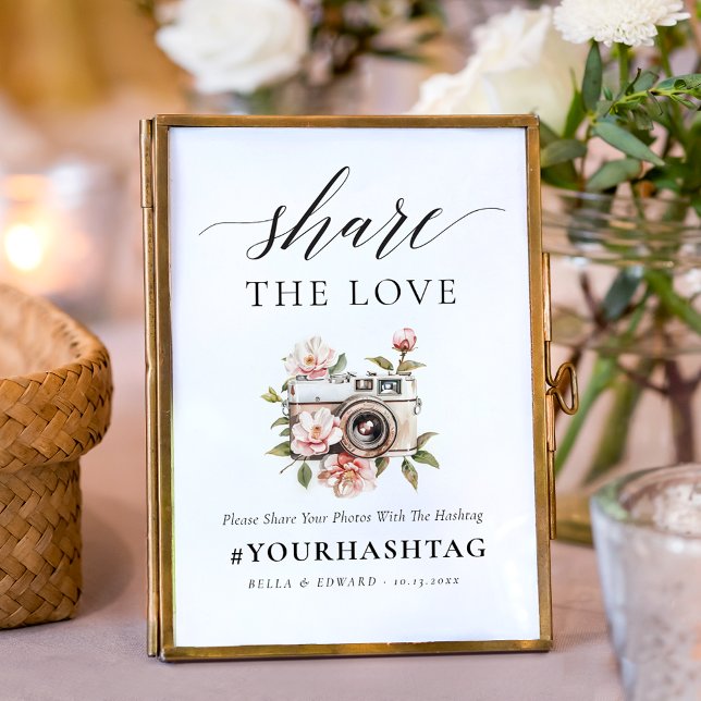 Elegant blomsterdelad bröllopsskylt med hashtaggen poster (Skapare uppladdad)