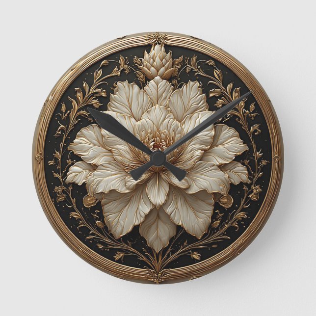 Elegant blomsterdesign med förgyllda detaljer rund klocka (Framsida)