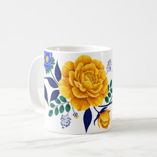 Elegant blomsterdesign med gyllene och blå blommor kaffemugg