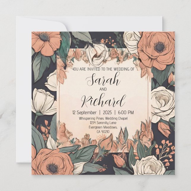 Elegant blomsterdesign med korall- och krämfärgade inbjudningar (Framsida)