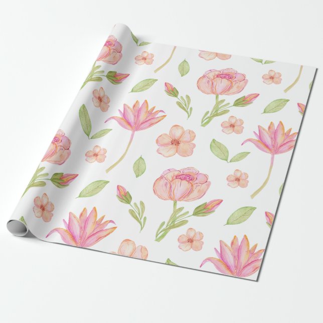 Elegant blomsterdesign med rosa peonior och liljor presentpapper (Utrullad)