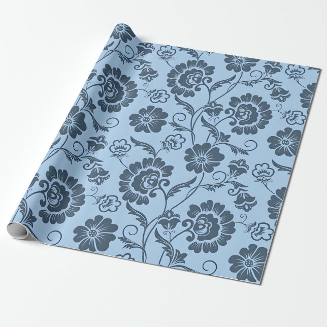 Elegant blomsterdesign på ljusblå bakgrund presentpapper (Utrullad)