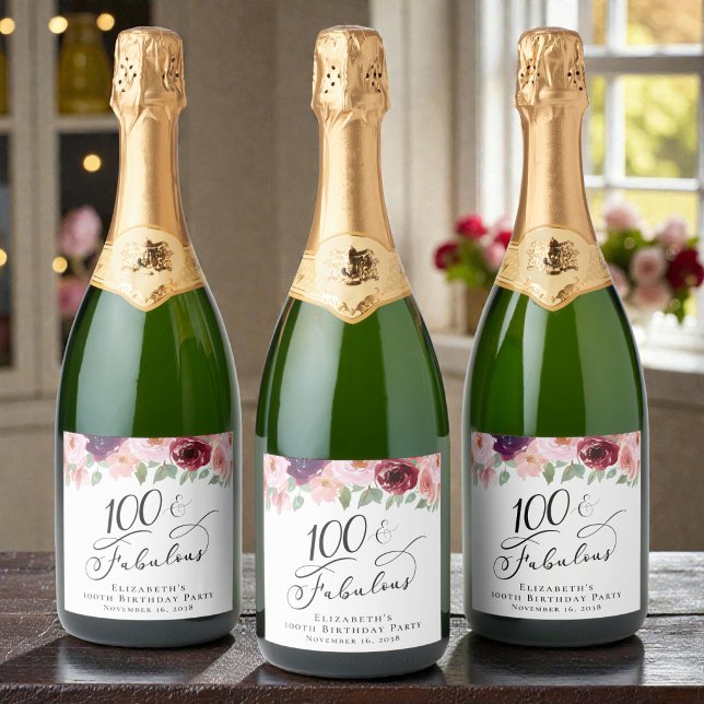 Elegant blomsterfest för 100-årsdag (Elegant Floral 100th Birthday Party Sparkling Wine Label)