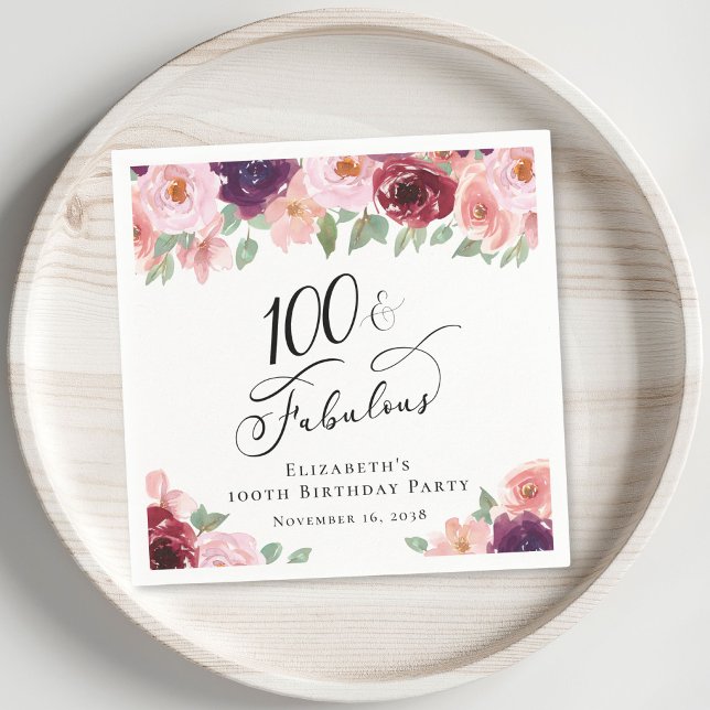 Elegant blomsterfest för 100-årsdagen pappersservett (Elegant Floral Watercolor 100th Birthday Party Napkins)