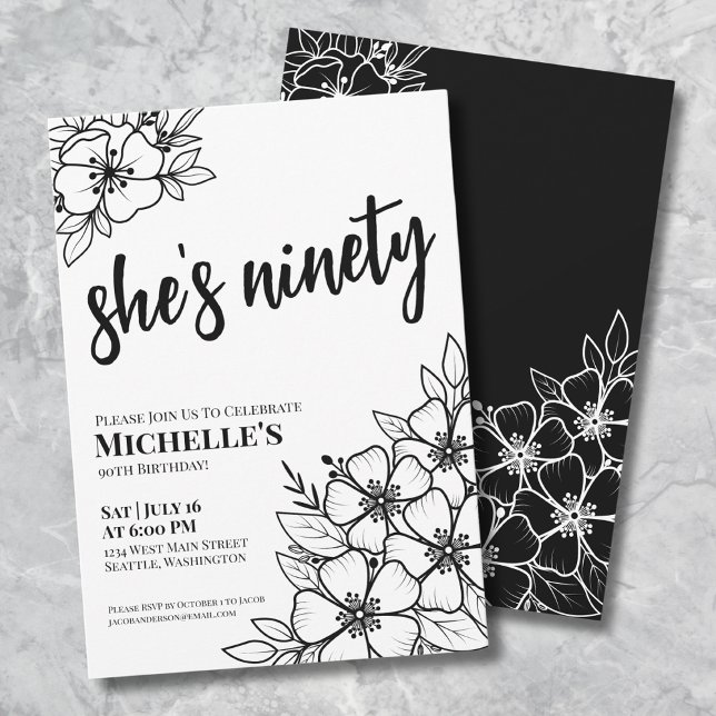 Elegant blomsterfirande 90-årsfest inbjudningar (Floral Ninetieth Black White 90th Birthday Party Invitation)