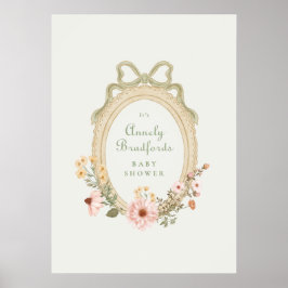 Elegant blomsterflicka Sage Bow Inramad Baby Showe Poster