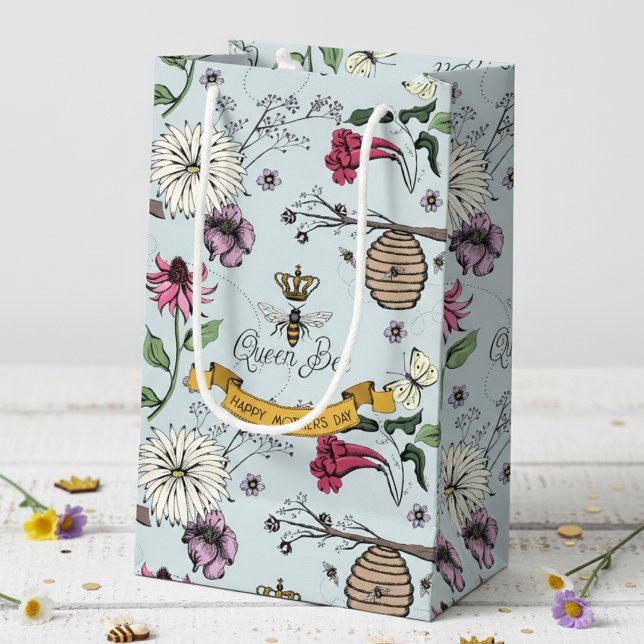 Elegant blomsterformad bikupa & blommor blå (Feminine Queen Bee & Beehhive Floral Gift Bags for Her. Elegant Pattern with Bees, Flowers & Daisy.)