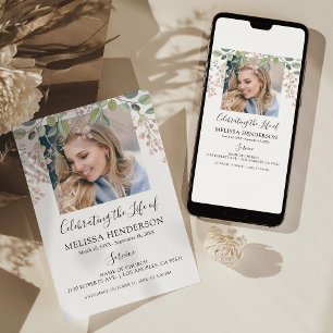 Elegant blomsterfoto begravning Minnesstund Inbjudningar