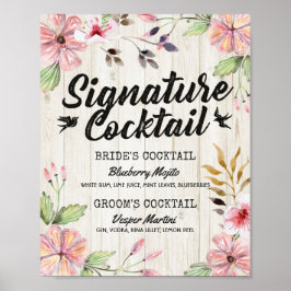 Elegant blomsterglädje signaturdrinkmeny för bröll poster