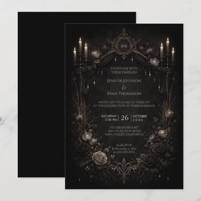 Elegant blomstergotisk halloween bröllopsinbjudan inbjudningar (Fram/baksida)