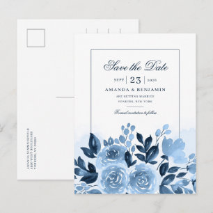 Elegant blomstergrafisk dammig blå akvarell bröllo meddelande vykort