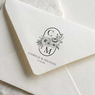 Elegant blomstergravyr vigselmonogram Självbläckan Stämpel